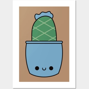 Cute Kawaii Cactus In Light Blue Pot Posters and Art